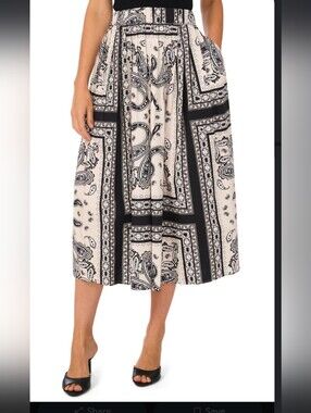 Halogen Black & Cream Paisley-Print Midi Skirt
